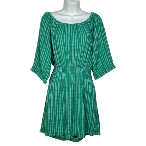 Ace & Jig Sorbet Striped Mini Dress Woven 1/2 Sleeve Tonal Green Smocked Small - Picture 1 of 13